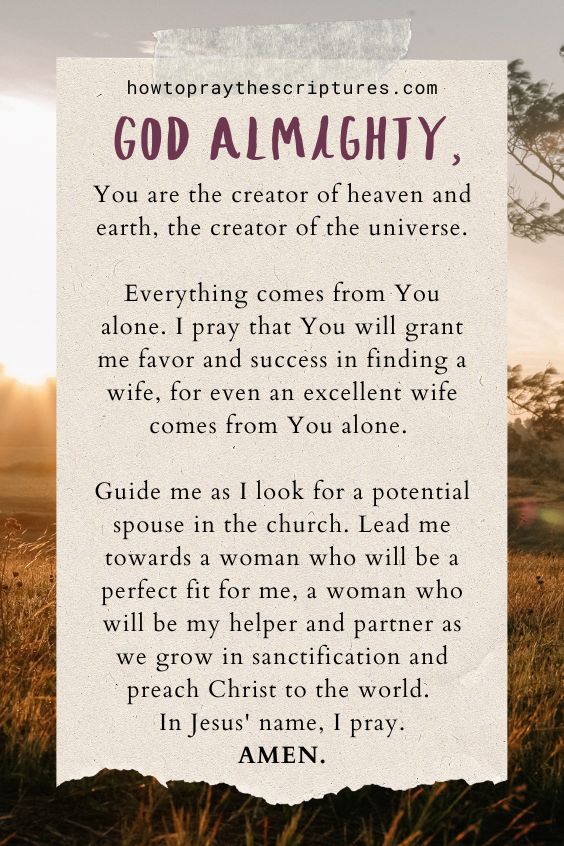 God Almighty, You are the creator of heaven and earth, the creator of the universe. Everything comes from You alone. I pray that You will grant me favor and success in finding a wife, for even an excellent wife comes from You alone. Guide me as I look for a potential spouse in the church. Lead me towards a woman who will be a perfect fit for me, a woman who will be my helper and partner as we grow in sanctification and preach Christ to the world. In Jesus' name, I pray. Amen.
