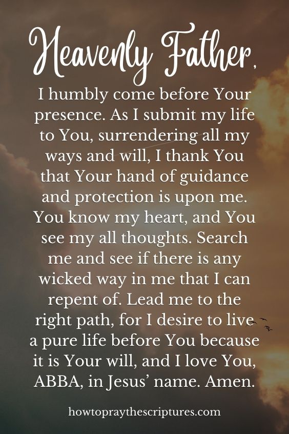 Heavenly Father, I humbly come before Your presence. As I submit my life to You, surrendering all my ways and will, I thank You that Your hand of guidance and protection is upon me. You know my heart, and You see my all thoughts. Search me and see if there is any wicked way in me that I can repent of. Lead me to the right path, for I desire to live a pure life before You because it is Your will, and I love You, ABBA, in Jesus’ name. Amen.
