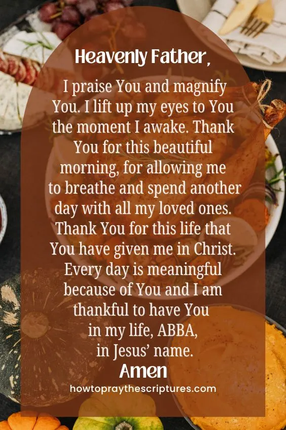 Heavenly Father, I praise You and magnify You. I lift up my eyes to You the moment I awake. Thank You for this beautiful morning, for allowing me to breathe and spend another <a href=
