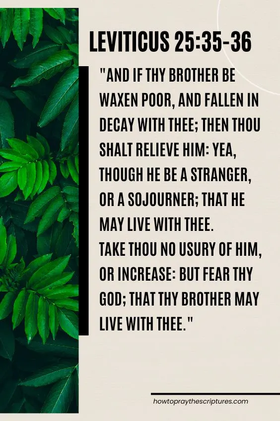 Leviticus 25:35-3635 And if thy brother be waxen poor, and fallen in decay with thee; then thou shalt relieve him: yea, though he be a stranger, or a sojourner; that he may live with thee. 36 Take thou no usury of him, or increase: but fear thy God; that thy brother may live with thee. 