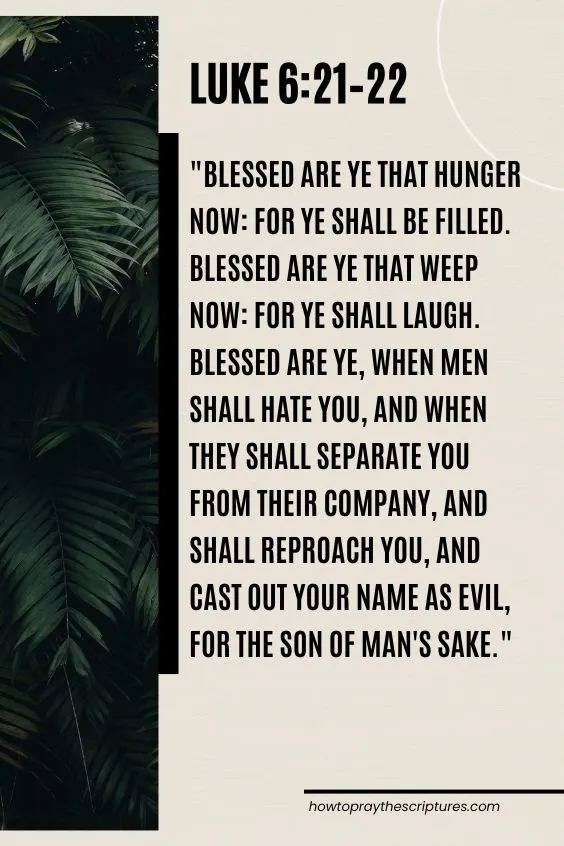 Luke 6:21–2221 Blessed are ye that hunger now: for ye shall be filled. Blessed are ye that weep now: for ye shall laugh. 22 Blessed are ye, when men shall hate you, and when they shall separate you from their company, and shall reproach you, and cast out your name as evil, for the Son of man's sake. 