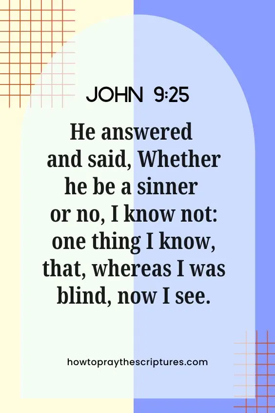 John 9:25 He answered and said, Whether he be a sinner or no, I know not: one thing I know, that, whereas I was blind, now I see.
