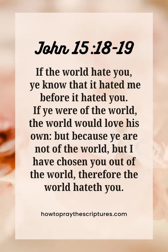 John 15:18-1918 If the world hate you, ye know that it hated me before it hated you. 19 If ye were of the world, the world would love his own: but because ye are not of the world, but I have chosen you out of the world, therefore the world hateth you.