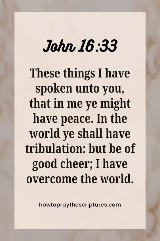 John 16:33These things I have spoken unto you, that in me ye might have peace. In the world ye shall have tribulation: but be of good cheer; I have overcome the world.