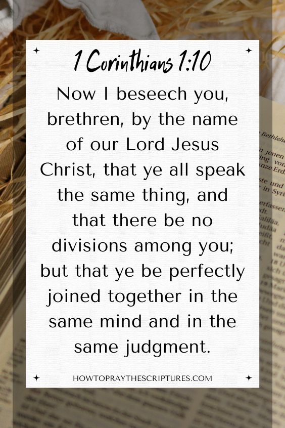 [1 Corinthians 1:10]Now I beseech you, brethren, by the name of our Lord Jesus Christ, that ye all speak the same thing, and that there be no divisions among you; but that ye be perfectly joined together in the same mind and in the same judgment.