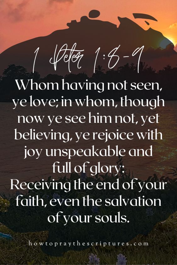 [1 Peter 1:8-9]Whom having not seen, ye love; in whom, though now ye see him not, yet believing, ye rejoice with joy unspeakable and full of glory: Receiving the end of your faith, even the salvation of your souls.