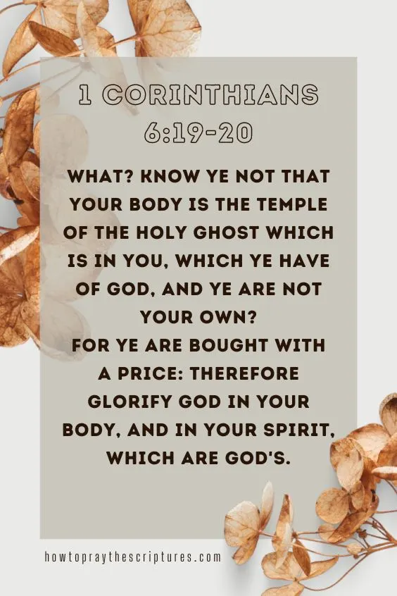 [1 Corinthians 6:19-20]What? know ye not that your body is the temple of the Holy Ghost which is in you, which ye have of God, and ye are not your own? For ye are bought with a price: therefore glorify God in your body, and in your spirit, which are God's. 