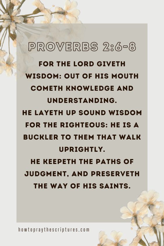 [Proverbs 2:6-8]For the Lord giveth wisdom: out of his mouth cometh knowledge and understanding. He layeth up sound wisdom for the righteous: he is a buckler to them that walk uprightly. He keepeth the paths of judgment, and preserveth the way of his saints. 