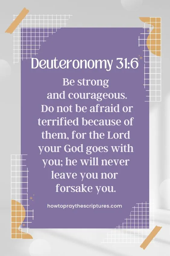 Deuteronomy 31:6 - Be strong and courageous. Do not be afraid or terrified because of them, for the Lord your God goes with you; he will never leave you nor forsake you.”
