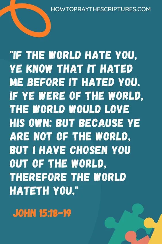 John 15:18-19 - 18 If the world hate you, ye know that it hated me before it hated you. If ye were of the world, the world would love his own: but because ye are not of the world, but I have chosen you out of the world, therefore the world hateth you.