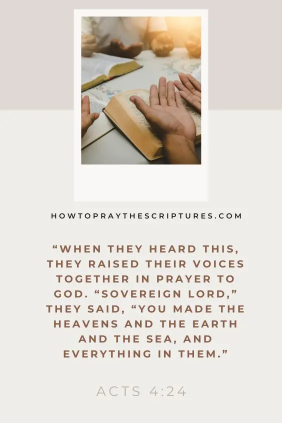 When they heard this, they raised their voices together in prayer to God. &ldquo;Sovereign Lord,&rdquo; they said, &ldquo;you made the heavens and the earth and the sea, and everything in them.