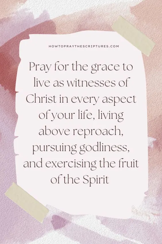 Pray for the grace to live as witnesses of Christ in every aspect of your life, living above reproach, pursuing godliness, and exercising the fruit of the Spirit