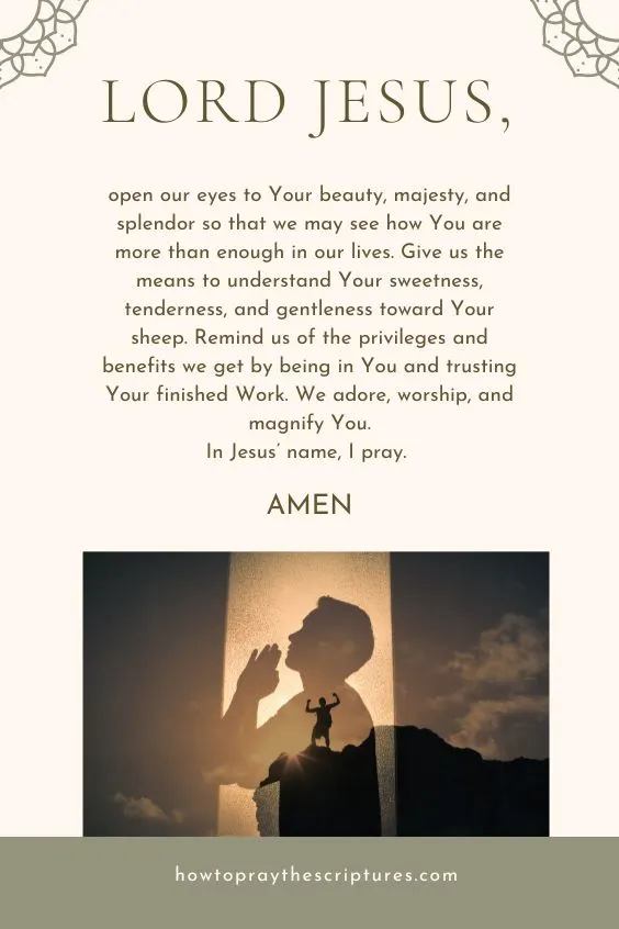 Lord Jesus, open our eyes to Your beauty, majesty, and splendor so that we may see how You are more than enough in our lives. Give us the means to understand Your sweetness, tenderness, and gentleness toward Your sheep. Remind us of the privileges and benefits we get by being in You and trusting Your finished Work. We adore, worship, and magnify You. In Jesus’ name, I pray. Amen.