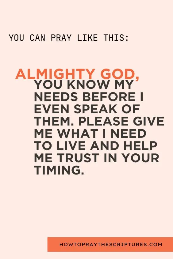 You can pray like this: "Almighty God, you know my needs before I even speak of them. Please give me what I need to live and help me trust in your timing."