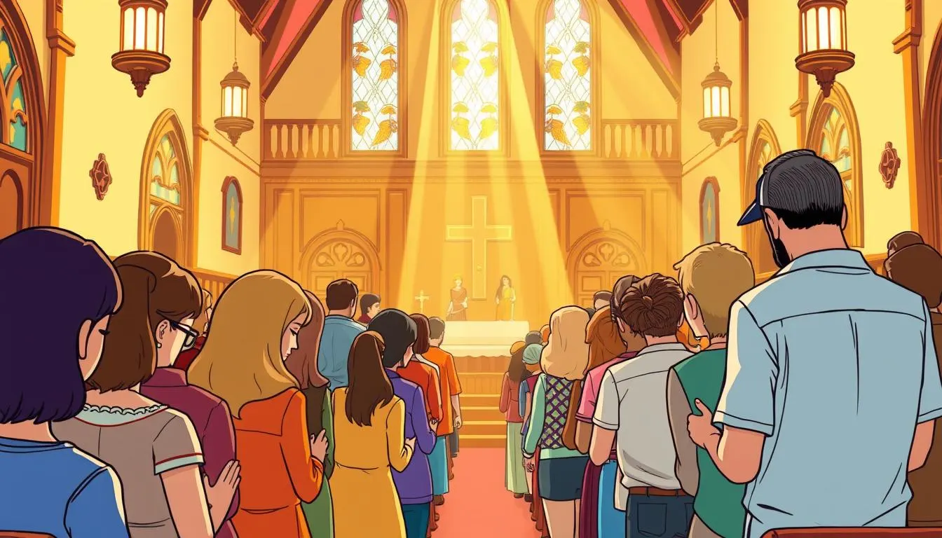 Congregation praying together in church