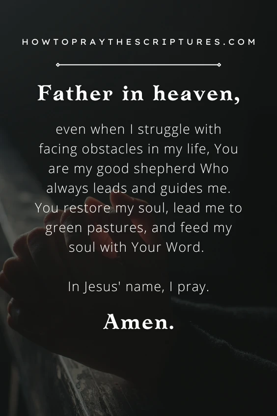 Father in heaven, even when I struggle with facing obstacles in my life, You are my good shepherd Who always leads and guides me. You restore my soul, lead me to green pastures, and feed my soul with Your Word. In Jesus' name, I pray. Amen.