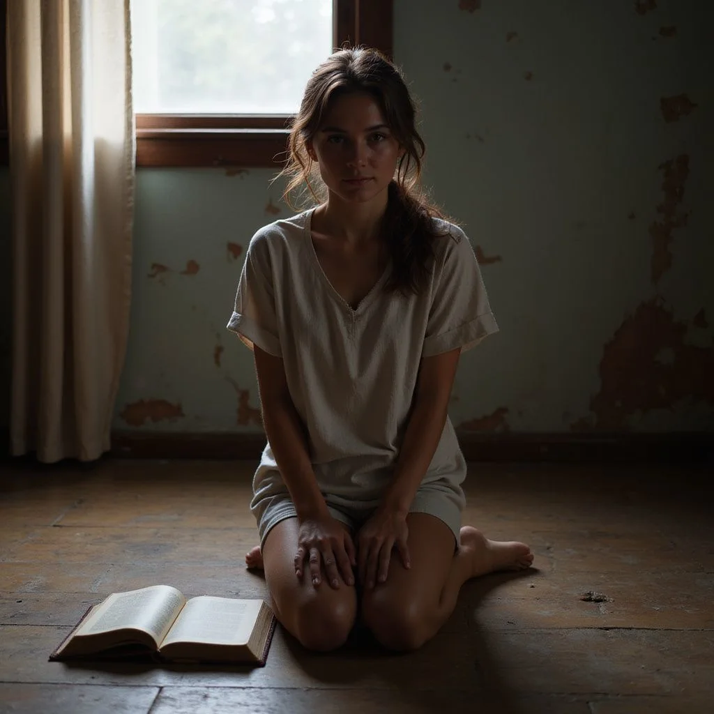 A woman kneels in prayer beside an open Bible.