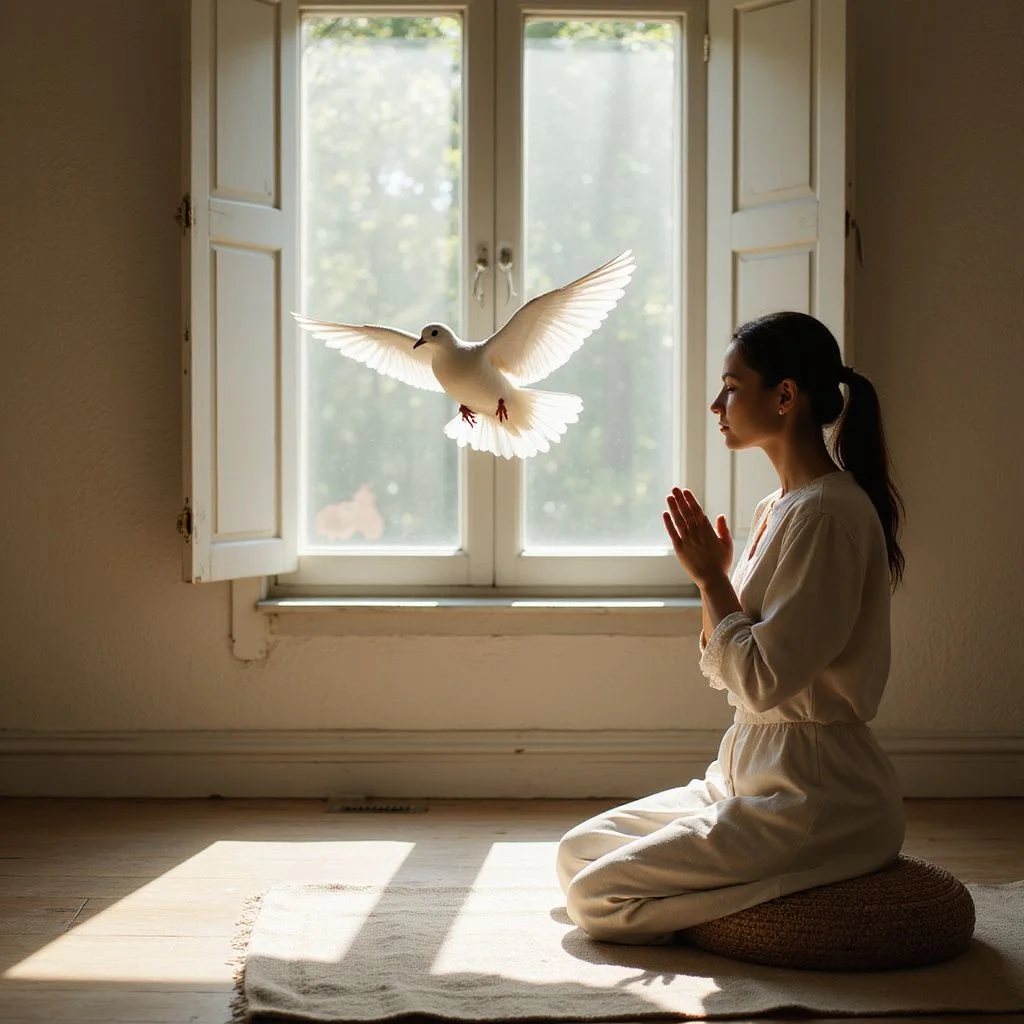 A woman kneels in prayer, accompanied by a hovering white dove.