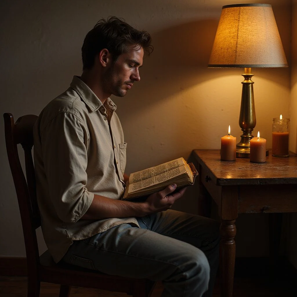 A man prays quietly with an open Bible in his lap.