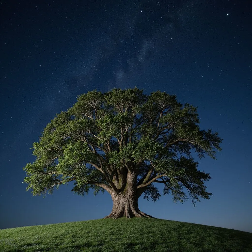 An ancient oak tree stands alone under a starry night sky.