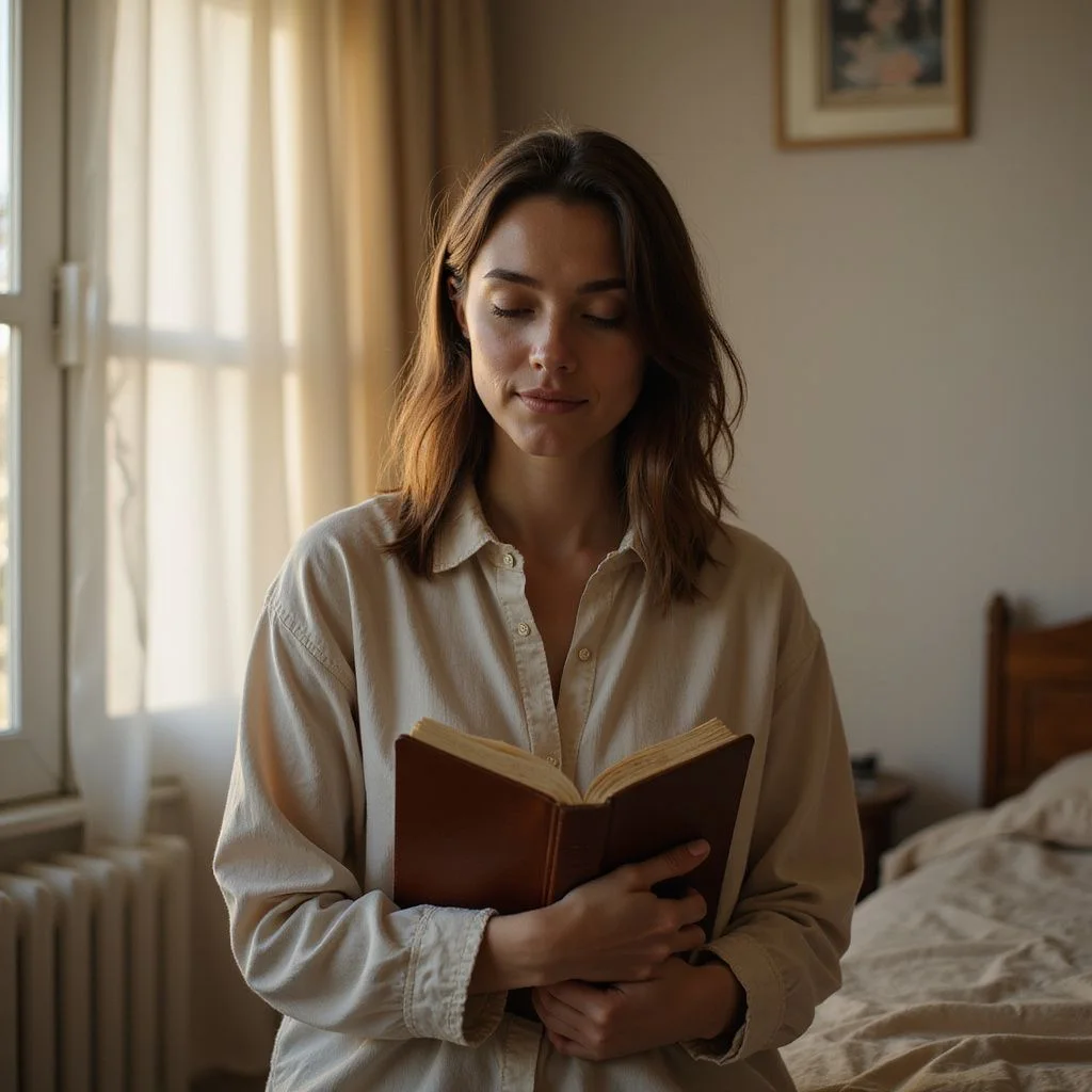 A woman kneels beside a bed, holding a worn Bible.