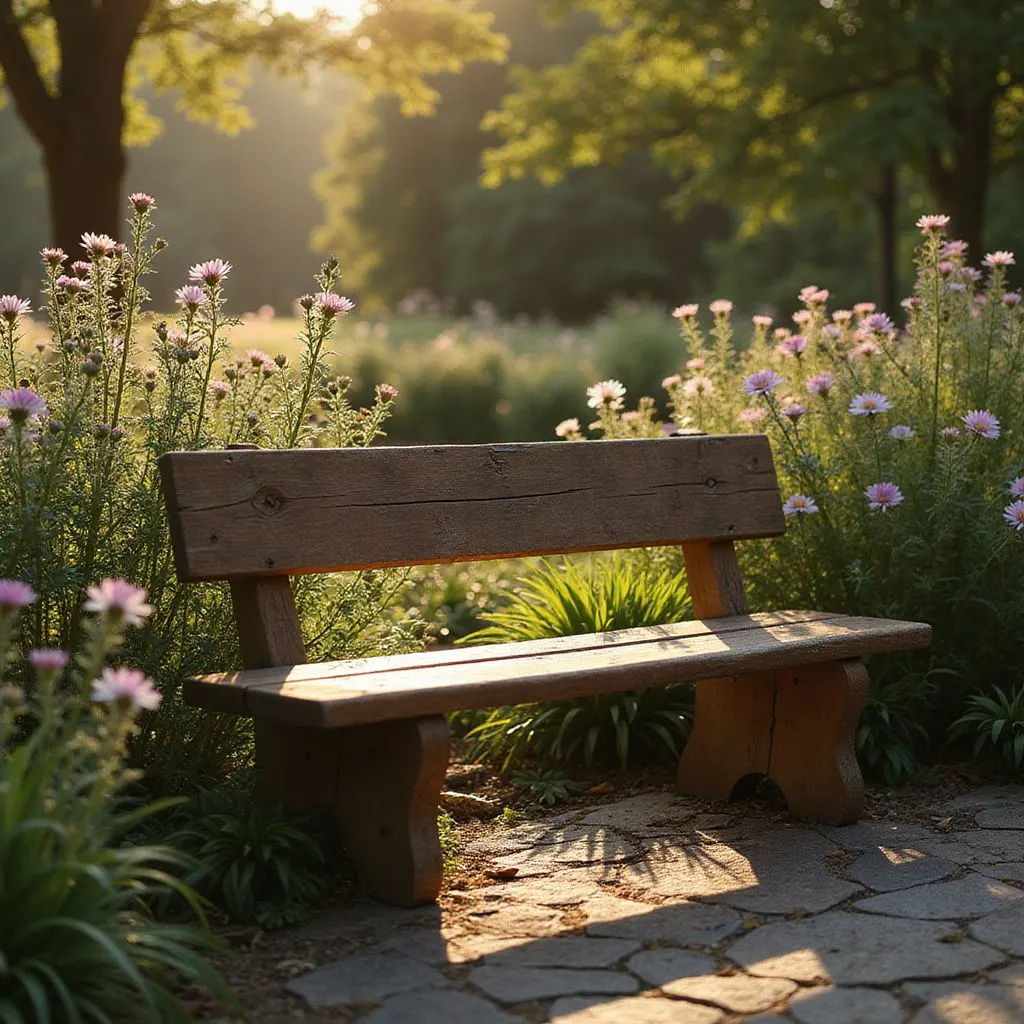 A weathered wooden prayer bench surrounded by blooming flowers in a garden.