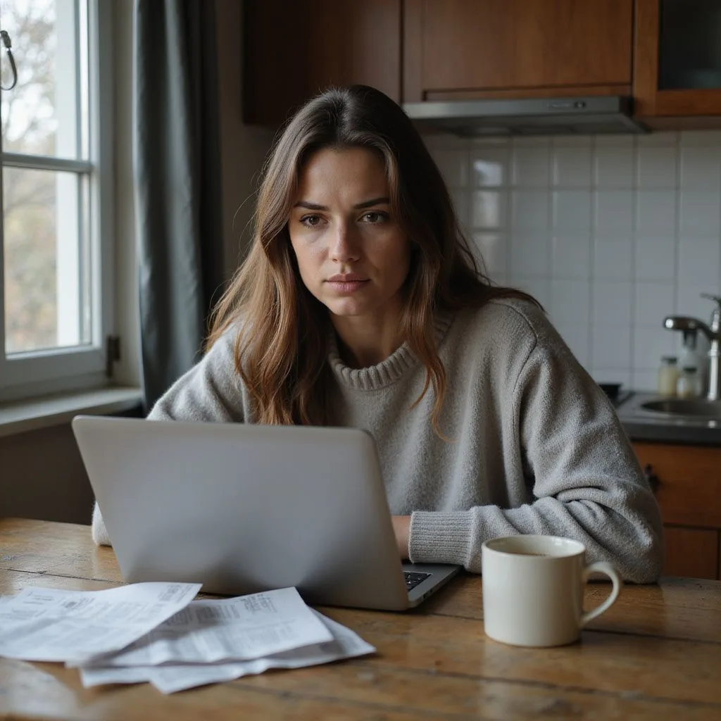 A woman contemplates her bills at a worn kitchen table.