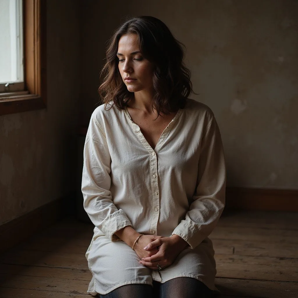 A woman kneels in a serene moment of prayer and introspection.