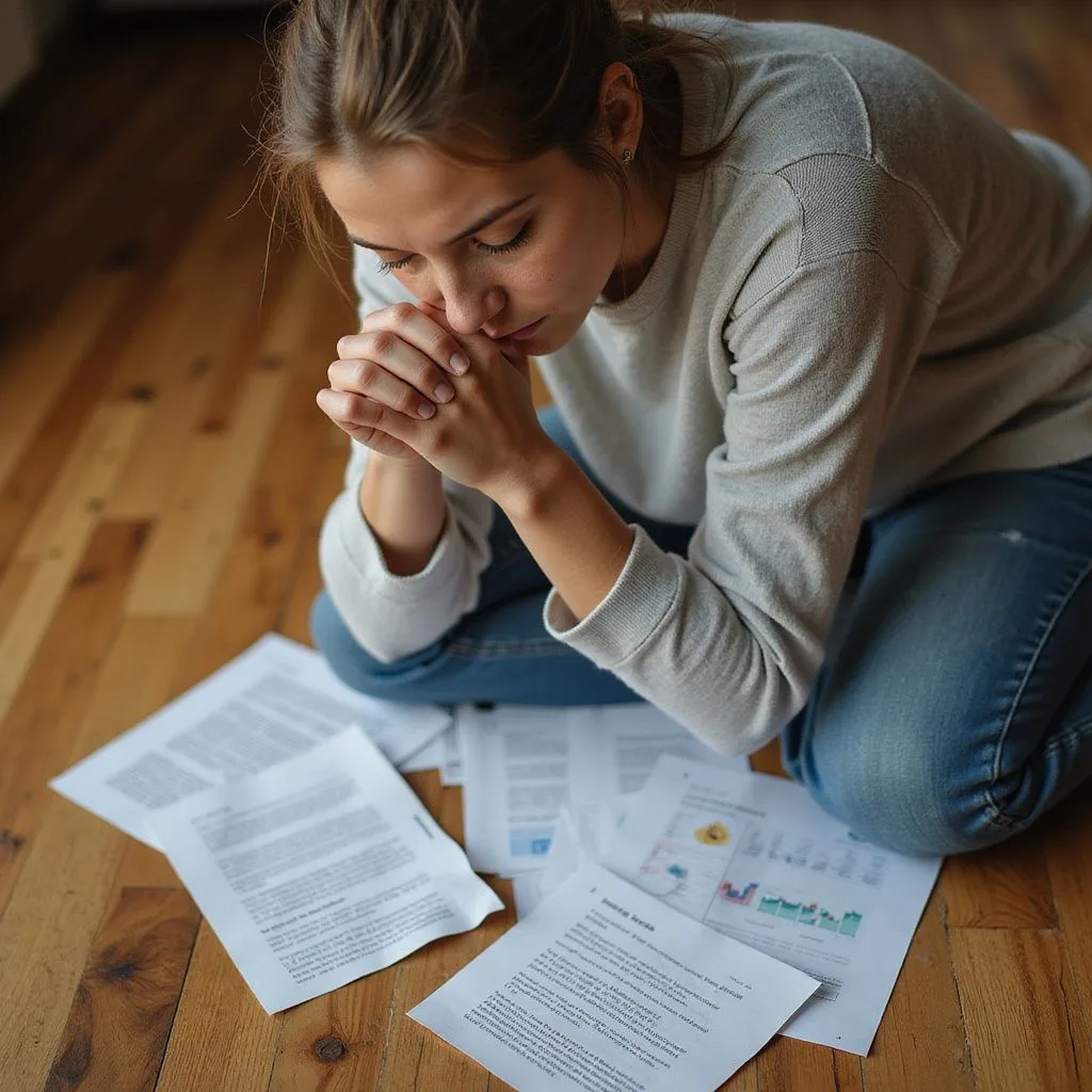 A woman kneels in contemplation, surrounded by inspirational and financial papers.