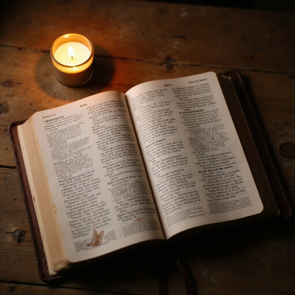 An open Bible rests on a rustic wooden table. An open Bible rests on a rustic wooden table.