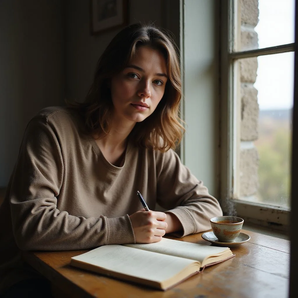 A person writes intently in a journal at a wooden desk.