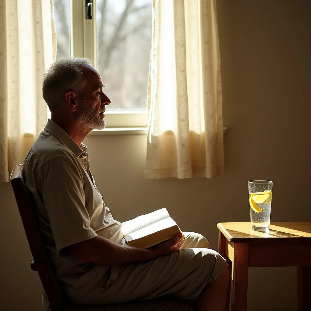A middle-aged person meditates with an open Bible in a serene room.