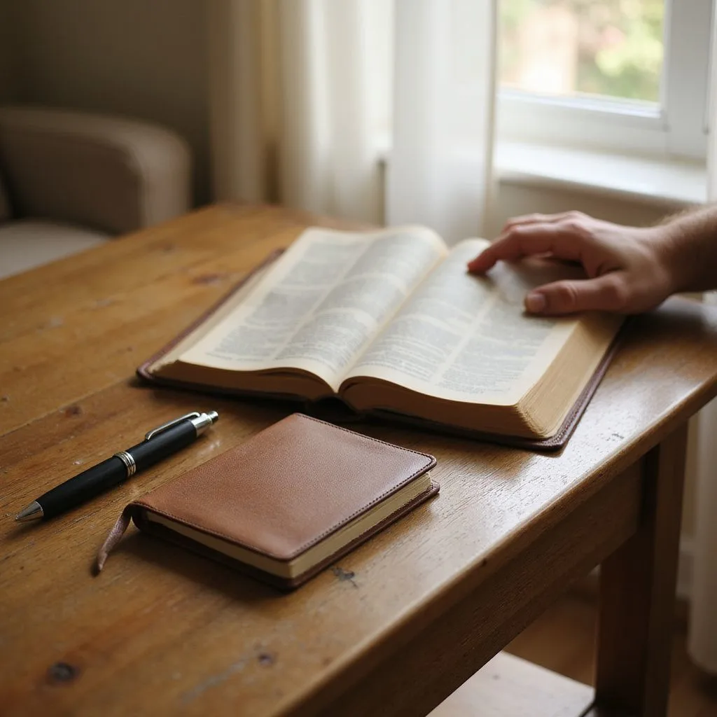 A serene living room with a Bible, journal, and contemplative hand.